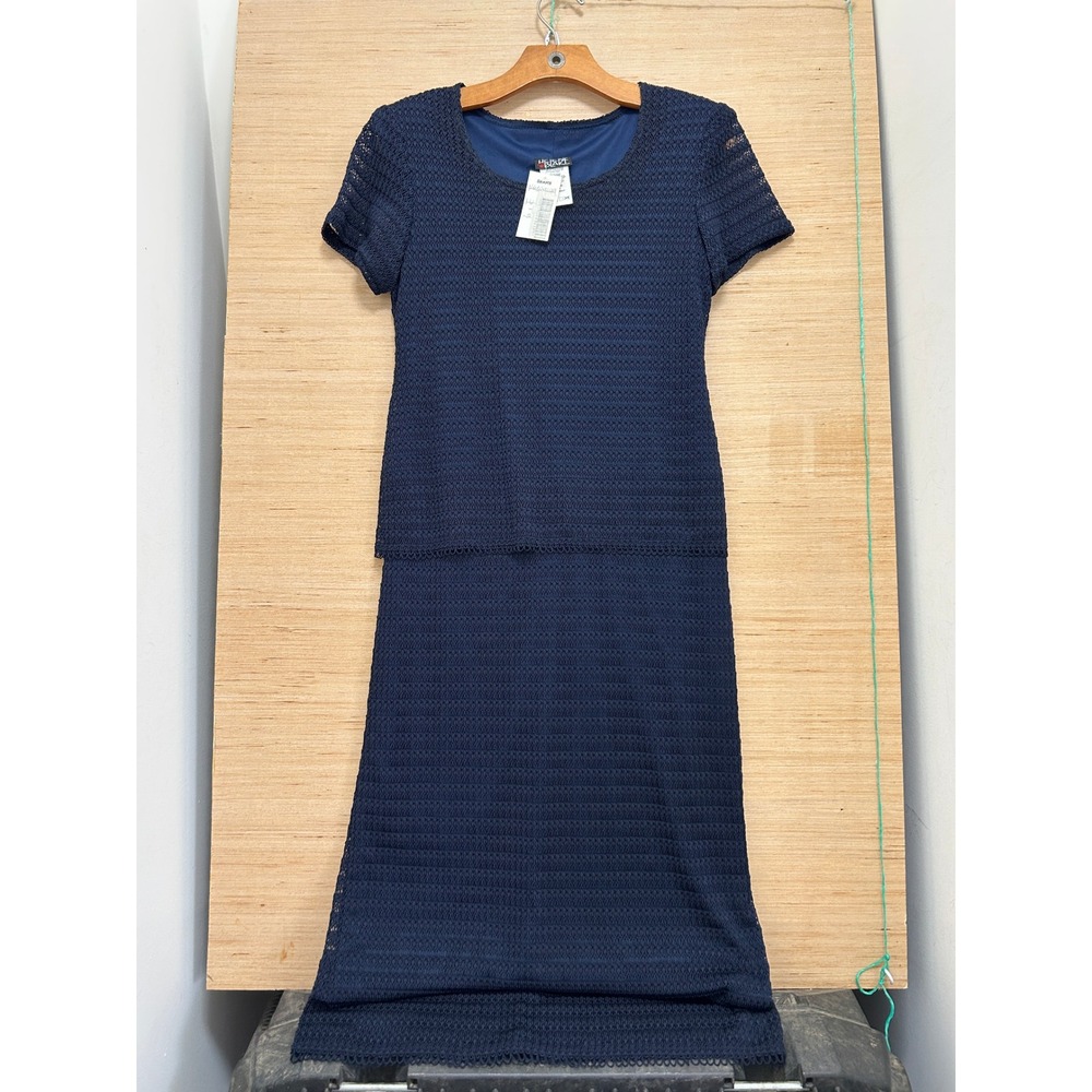 Helene Blake‎ Navy Blue Textured Crochet Layered Maxi Dress Size 8 Vintage Style